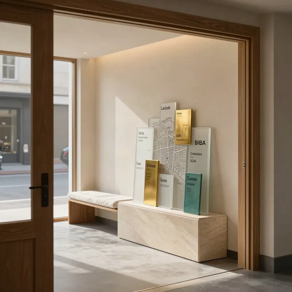 Open storefront interior with brass map pins, teal marker, and soft morning light