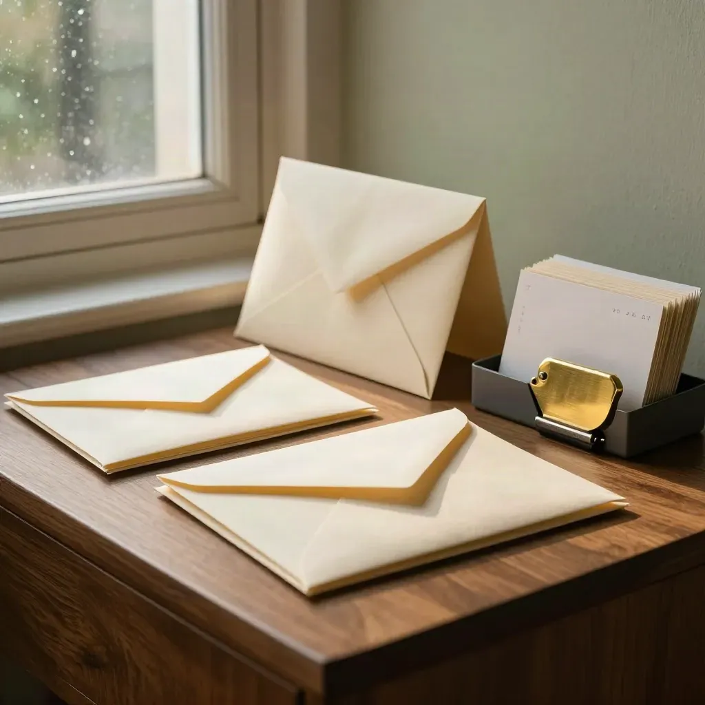 Cream envelopes, brass opener, phone dock and contact cards on a walnut tray in warm afternoon light