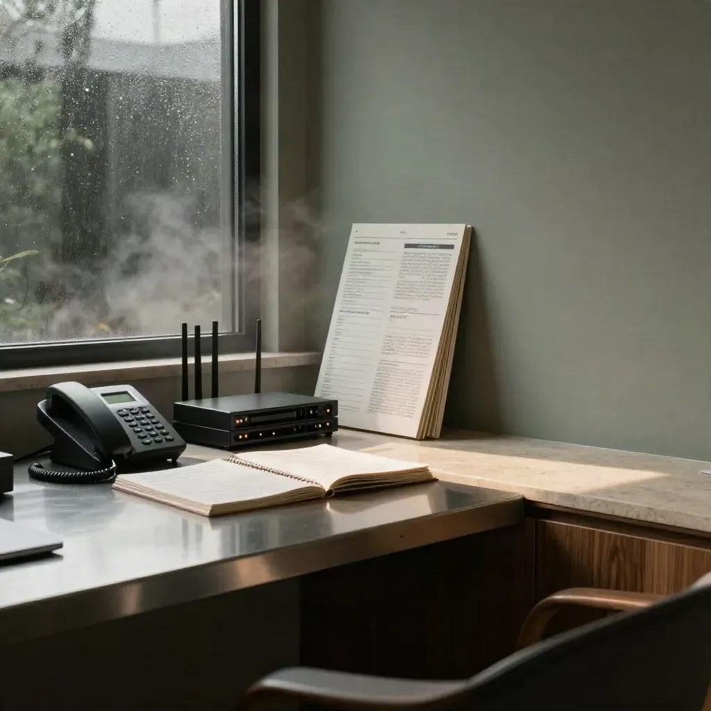 Premium lead-gen workspace corner with laptop, router stack and campaign boards in misty morning light