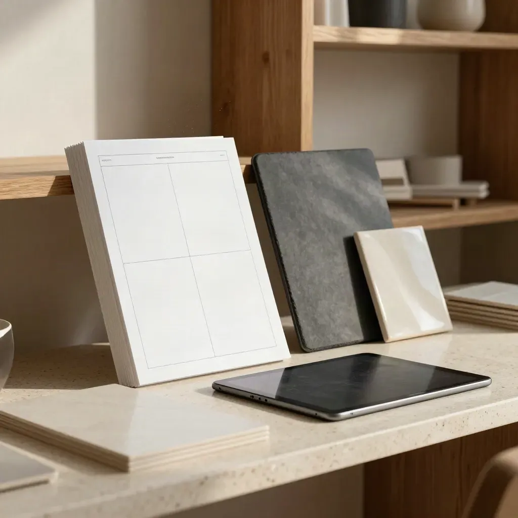 Blank landing-page mockups, charcoal tablet and ceramic tile on travertine in soft studio light.