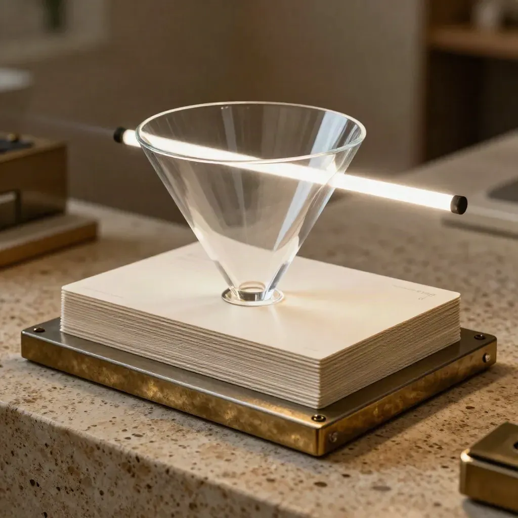 A translucent funnel, light bar, and layered cards mid-alignment on a travertine plinth.