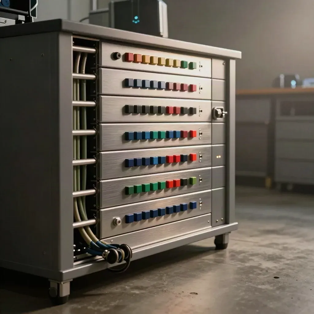 Organized CRM cabinet with drawers, cable channels, status pucks, and glowing indicator lights