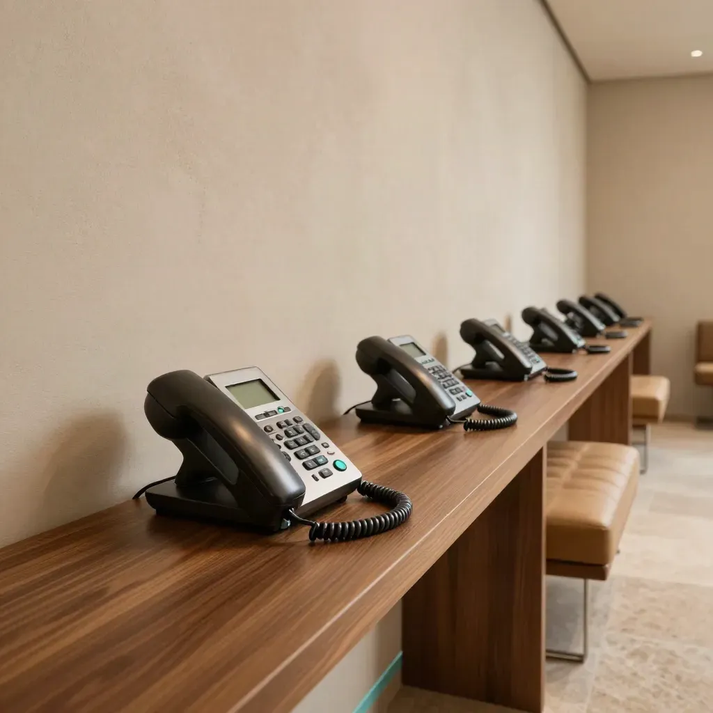 Quiet call lounge with ready desk phones and a waiting bench in warm stone and teak