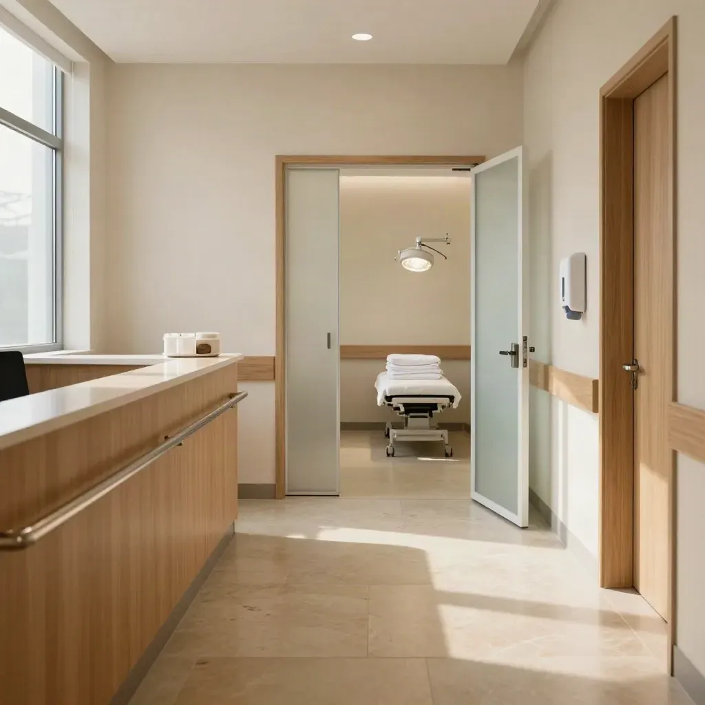Empty clinic corridor with open exam doors, glowing lights, and folded blankets in warm daylight.