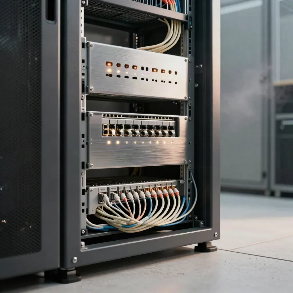 Tidy server rack with routed cables and glowing status lights in a cool industrial room