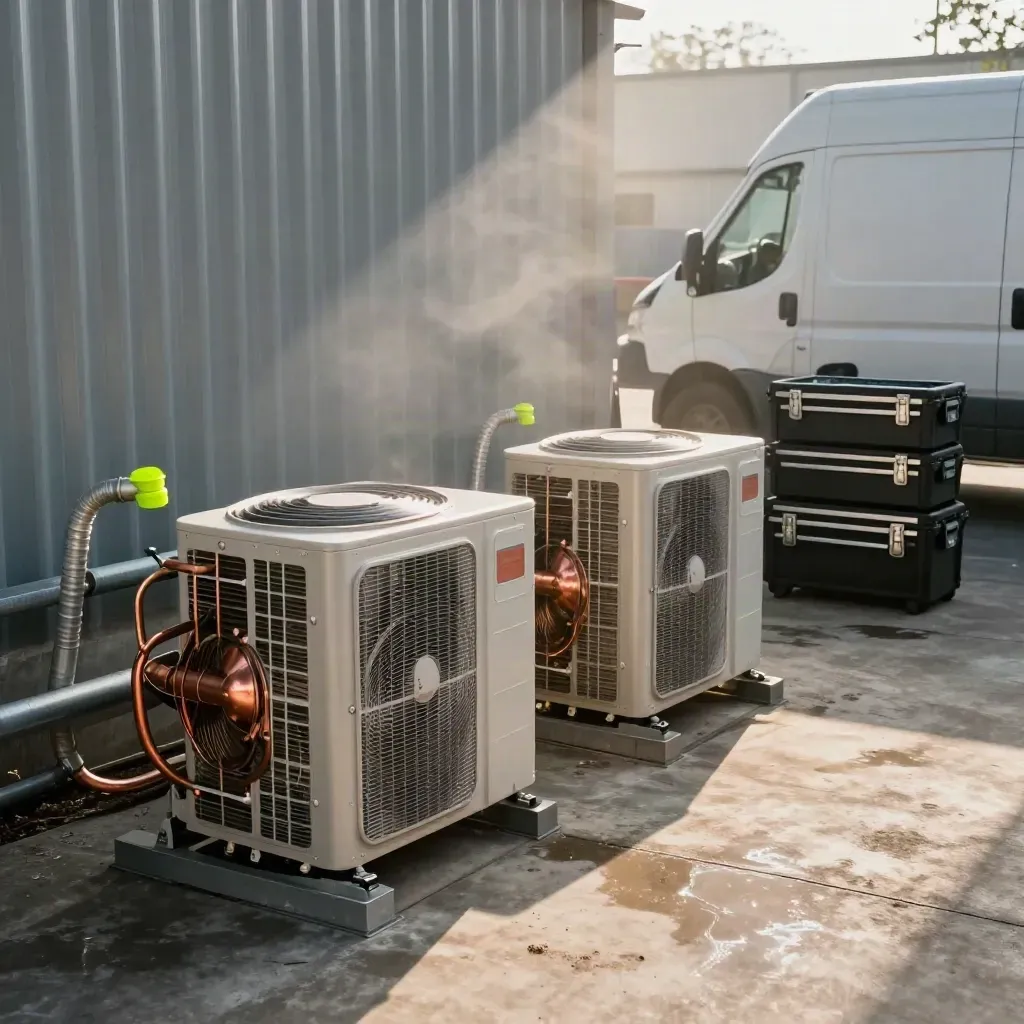 HVAC condenser units, tool cases, and a service van edge in a moody empty yard