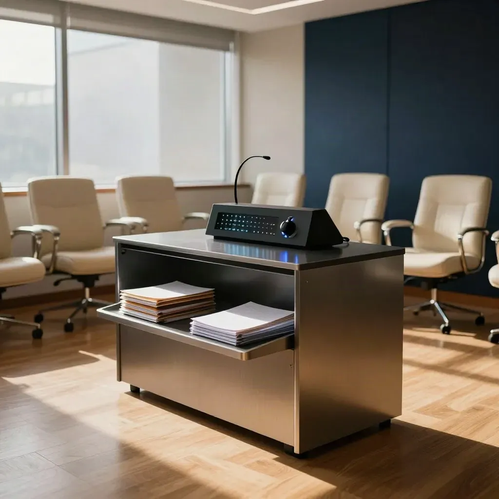 Empty recruiting office with headset station, intake tray and interview chairs in bright daylight