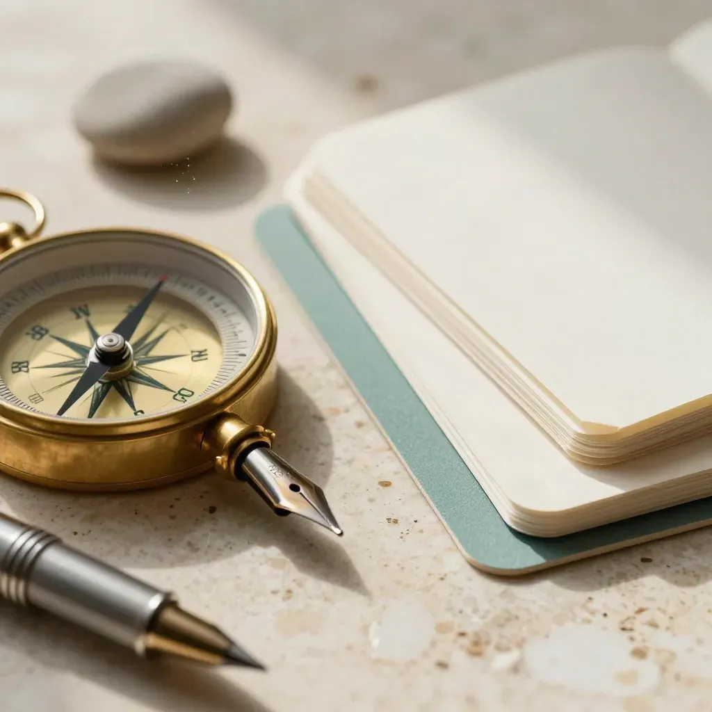 Brass compass, pen nib, stone weight and strategy cards on travertine with teal accent.