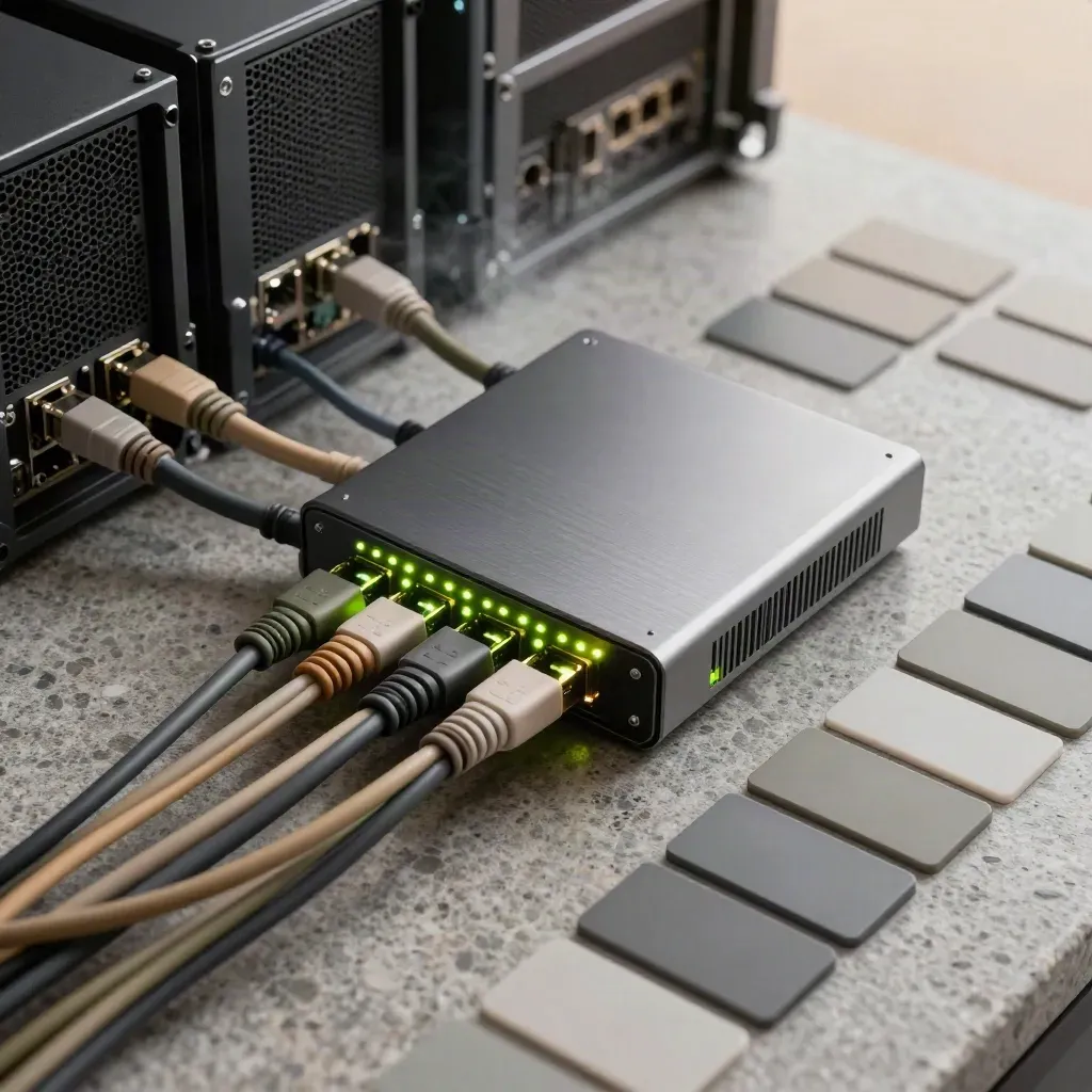 Top-down CRM hub with routed patch cables, server blocks, and lime status lights on cool stone.