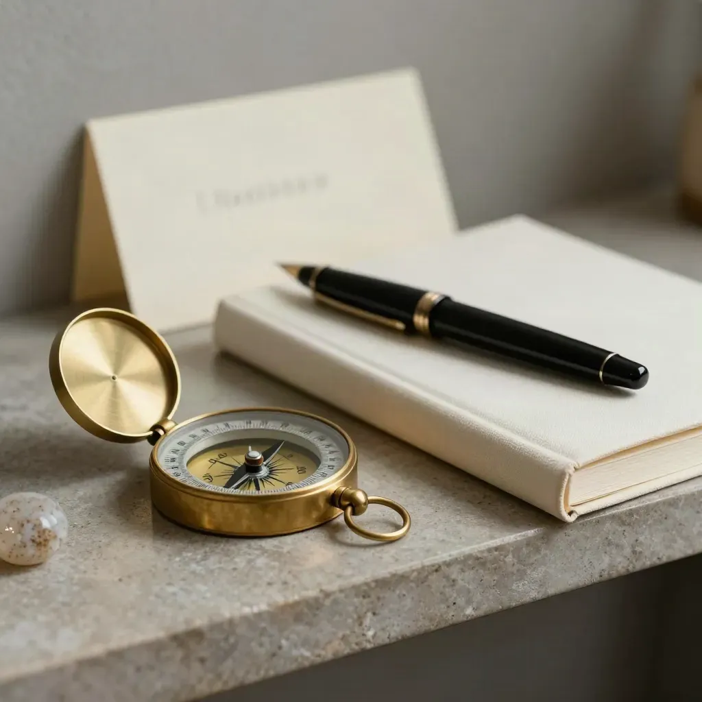 Brass compass, fountain pen, stone paperweight and cream notebook on a stone shelf, softly lit.