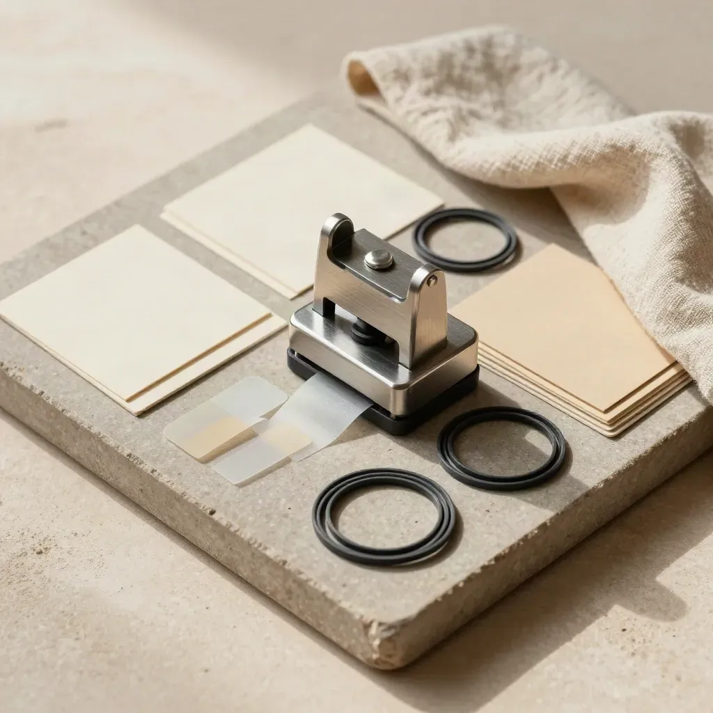 Top-down stone tray with router block, card layers, cable ties, adhesive tabs, and linen cloth.