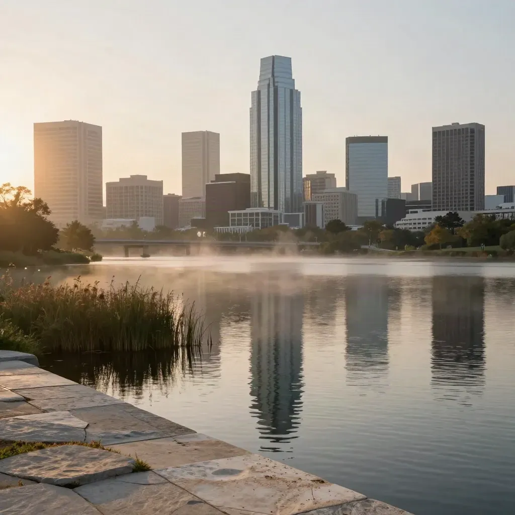 Austin skyline above Lady Bird Lake at dawn with hazy light and calm water.