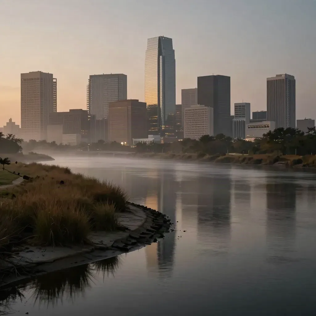 Houston skyline glowing above a calm bayou at blue hour