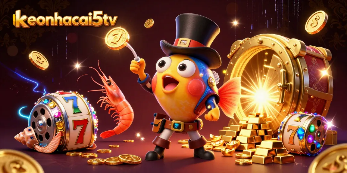 Engage with keonhacai5tv through a vibrant 3D cartoon scene of gambling treasures and characters.