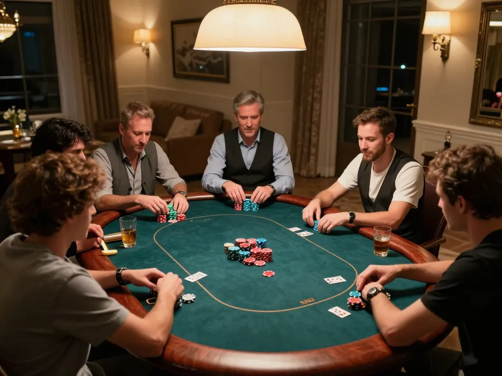 Intense poker game scene showcasing casino esteri per italiani, players engaged and chips stacked high.