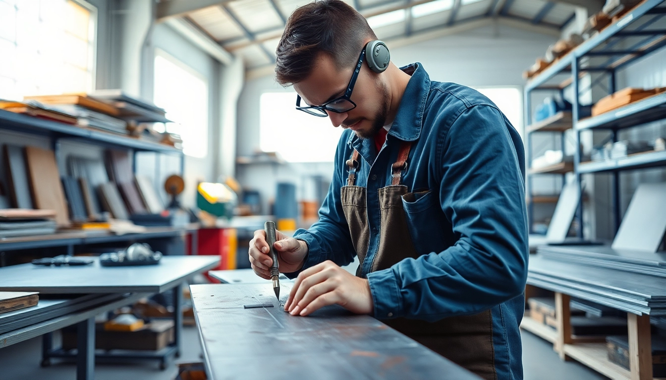 Engaged professional in sheet metal training shaping metal with precision tools.
