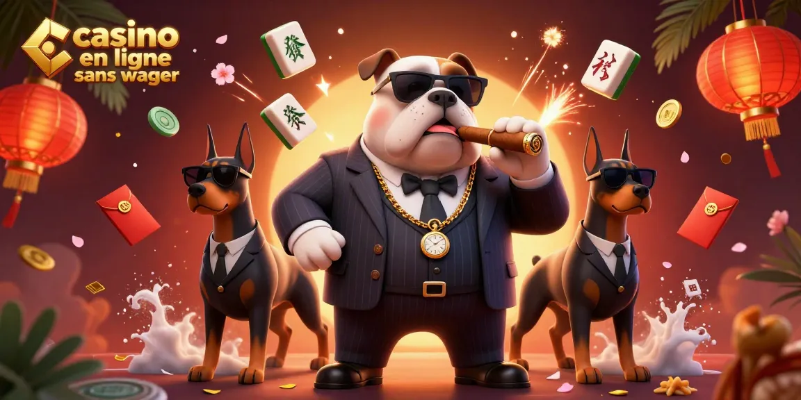 Illustration 3D d'un bulldog mafieux et ses gardes du corps, jouant au casino en ligne sans wager.