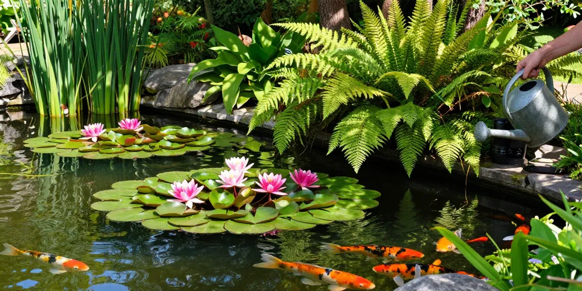 Vibrant British pond plants with water lilies and reeds thriving in a tranquil garden pond.