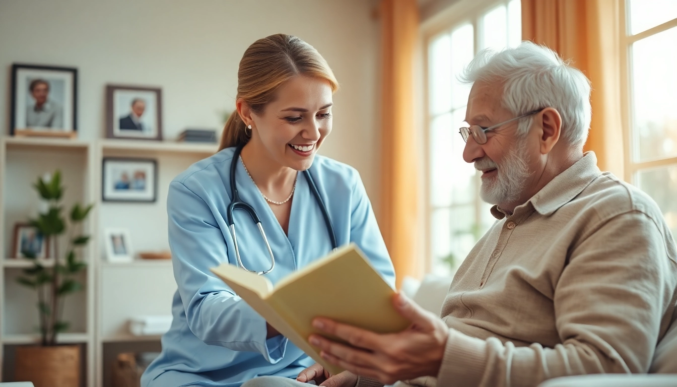 Providing elderly in home care near me, a caregiver supports an elderly man in a cozy setting.