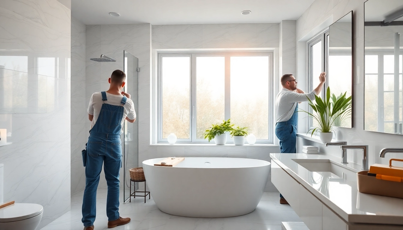 Skilled bathroom remodelers transforming a contemporary bathroom with modern design elements.