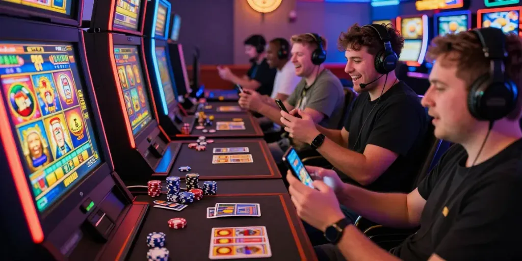 Aktivitas bermain link slot gacor dengan pemain beragam menggunakan perangkat mobile, suasana yang ceria dan penuh energi.