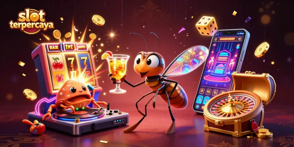 Melihat slot terpercaya dengan jackpot menakjubkan dan simbol keberuntungan dalam ilustrasi kasino menarik.
