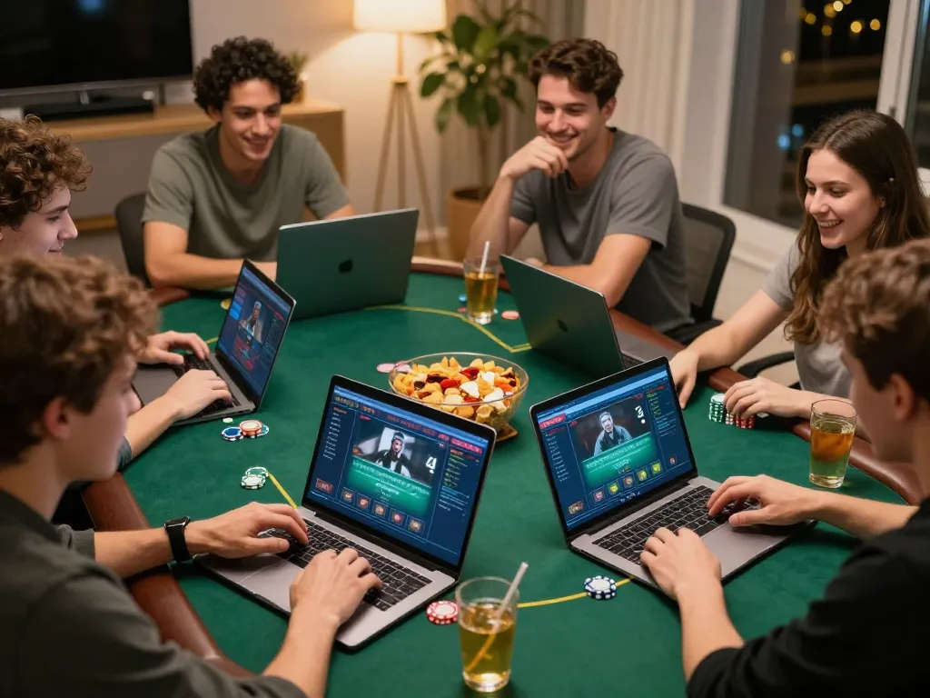 Teman-teman yang terlibat bermain poker online melalui platform paris888, menunjukkan sesi permainan strategis mereka.