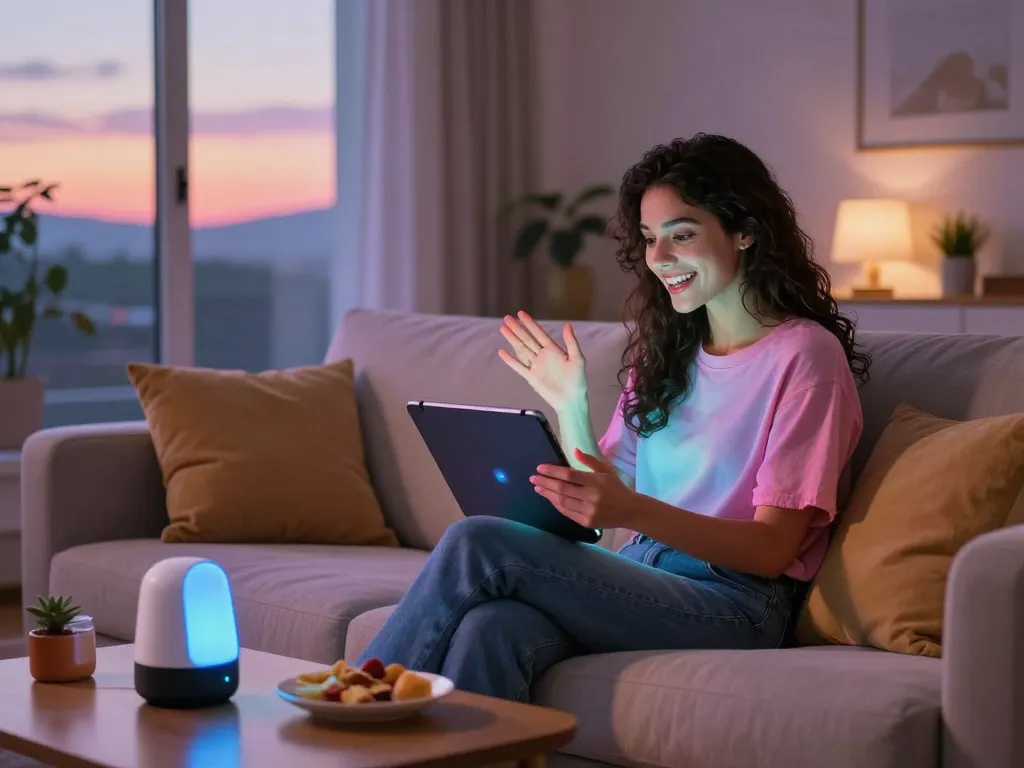 Young woman chatting with her AI girlfriend on a tablet in a cozy setting, showcasing modern companionship.