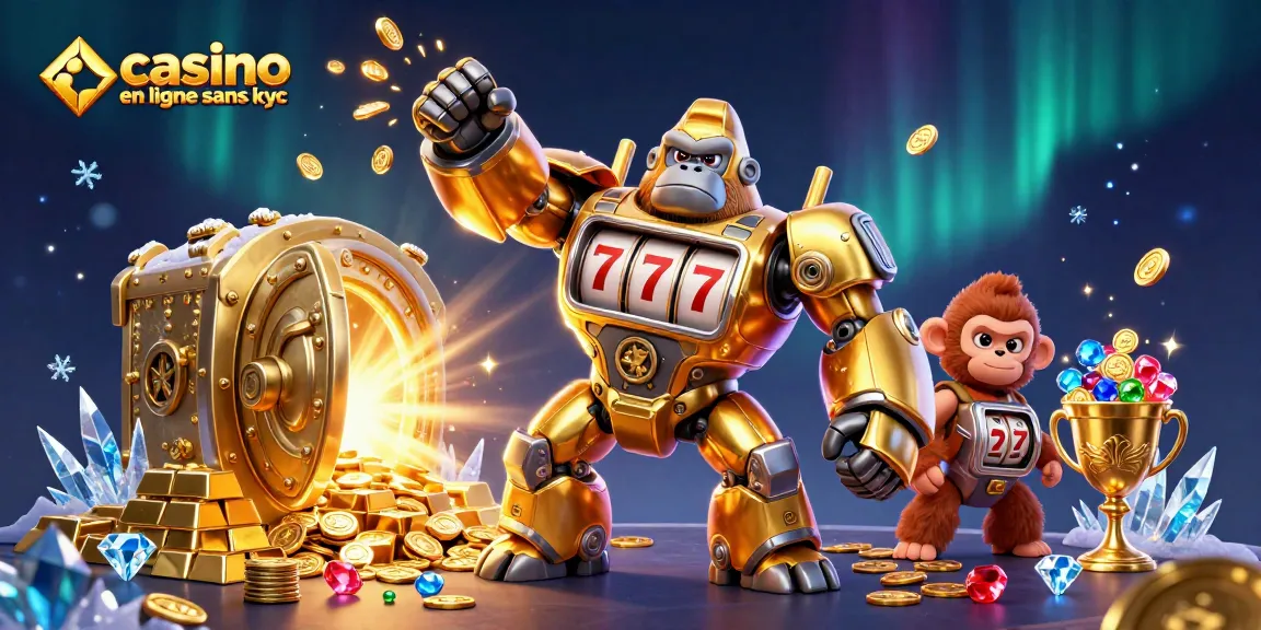 Découvrez le casino en ligne sans KYC avec ce gorille robotique en pleine action, entouré de trésors.