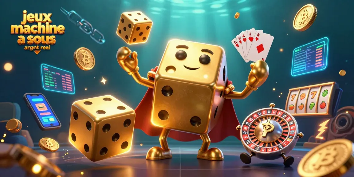 Jouez aux jeux machine à sous argent réel avec des dés dorés, pièces de crypto et ambiance de casino.