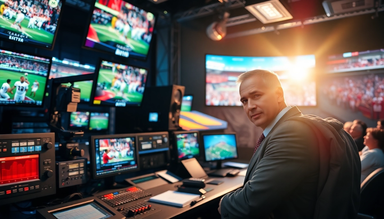 Announcer delivering exciting sports broadcasting in a high-tech studio with vibrant visuals.