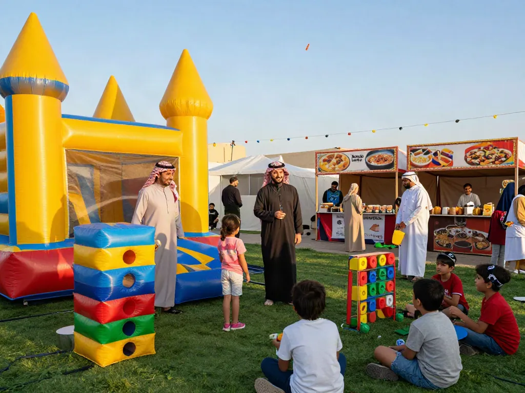 Event rental ksa showcasing a lively outdoor festival with families enjoying games, food stalls, and vibrant decorations.