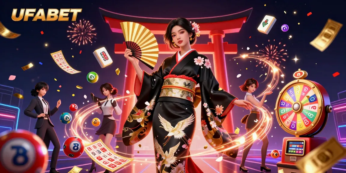 Win big with UFABET in a vibrant 3D digital casino scene featuring dynamic lottery and gaming elements.