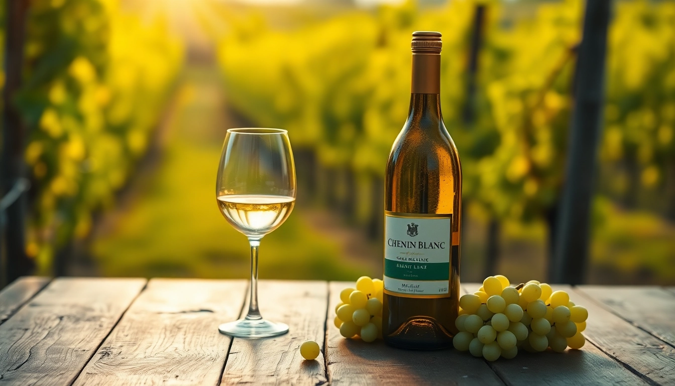 Pouring a glass of Chenin Blanc wine with fresh grapes in a vineyard setting.