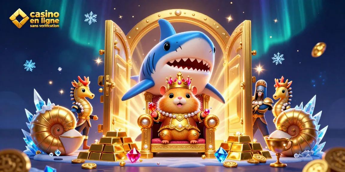 Illustration dynamique de jeu dans un casino en ligne sans vérification, montrant un roi hamster sur un trône de dents de requin.
