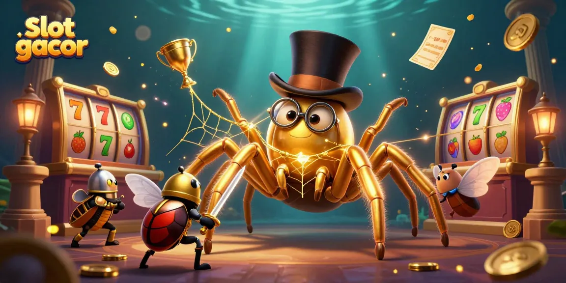 Experience the excitement of slot gacor as a golden tarantula weaves adventure in this casino-themed scene.
