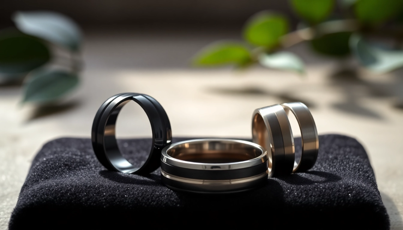 Showcasing sleek tungsten rings with polished finishes, displaying intricate craftsmanship.