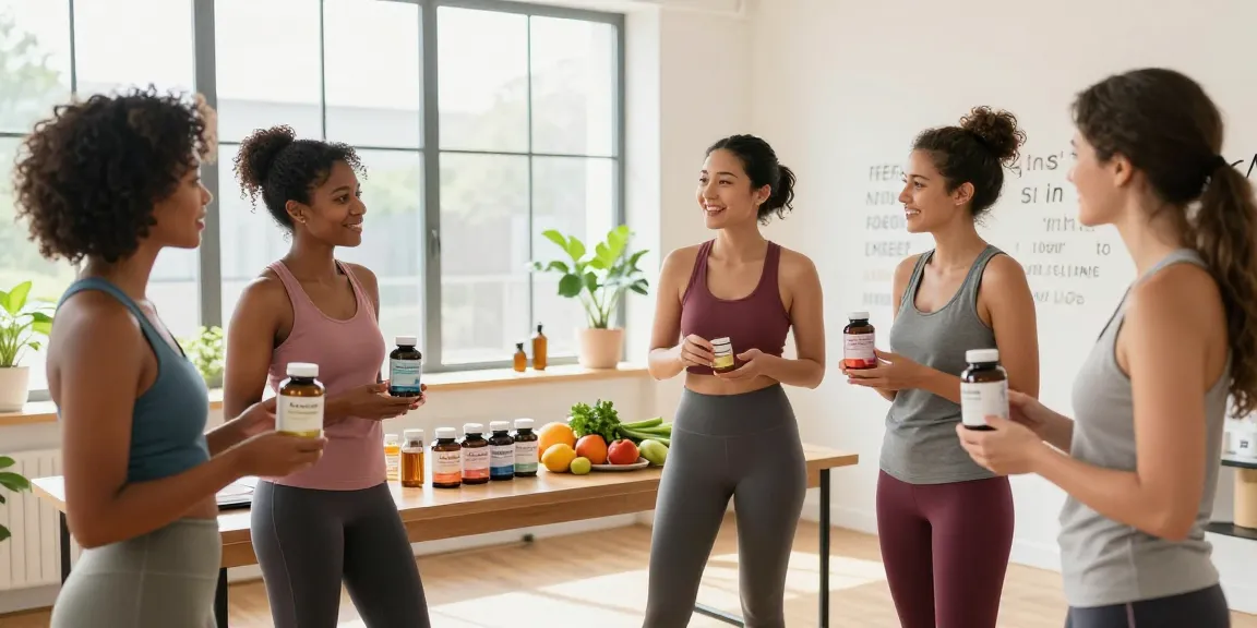 Group discussing science-backed supplements in a bright wellness studio.