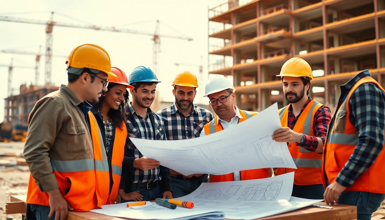 Construction association members collaborating on blueprints at a vibrant outdoor site.