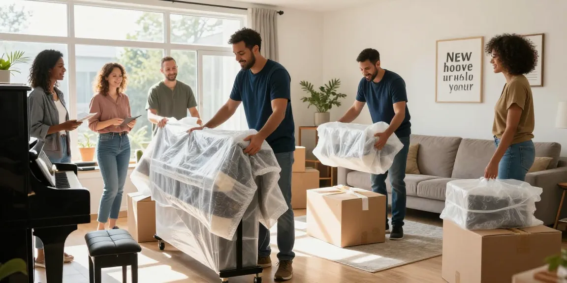 Wellen moving services team wrapping a piano with care in a well-lit living room.