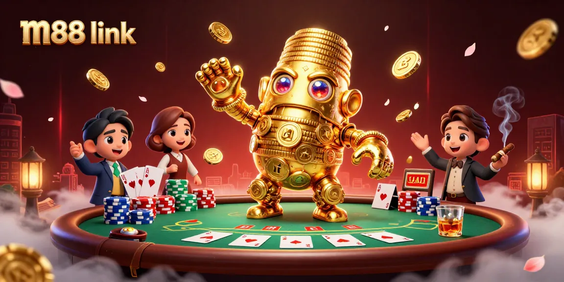 Experience thrilling gaming action with M88 link as you engage with vibrant poker elements and a dynamic golden golem.