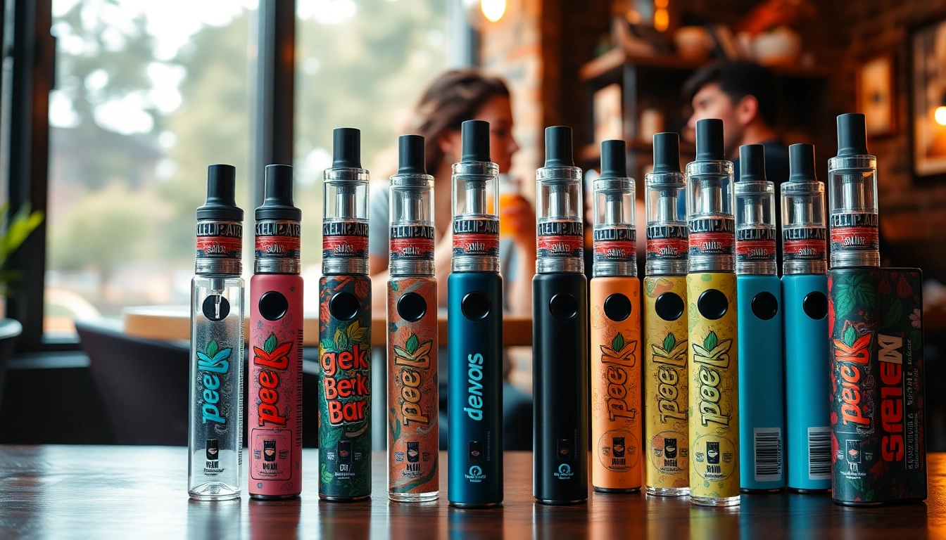 Explore various geek bar flavors showcased in a cozy café with vibrant vape pens.