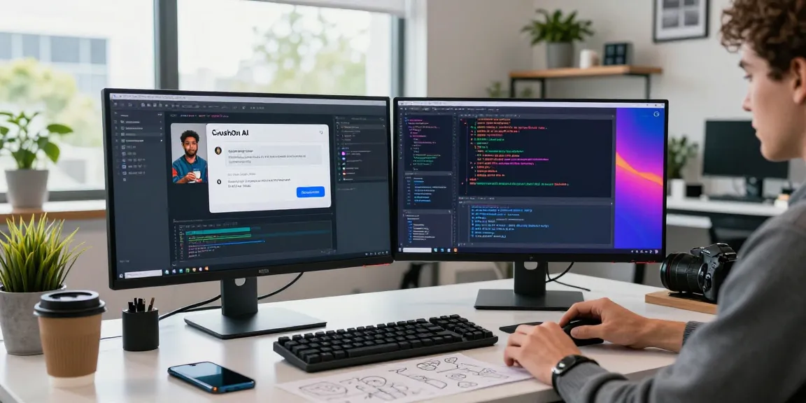 Developer using CrushOn AI on dual monitors in a vibrant, tech-savvy workspace.