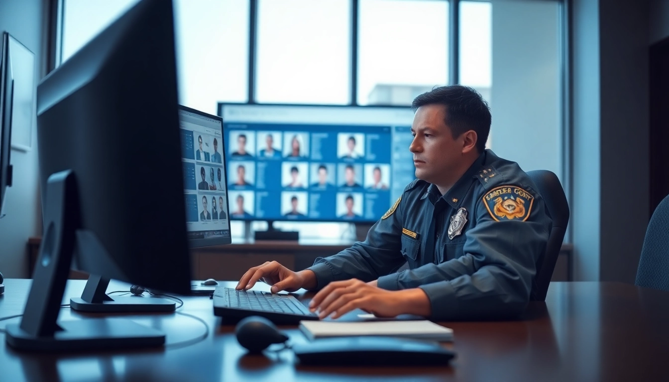 Conducting an Orange County inmate search with a law enforcement officer at a computer.