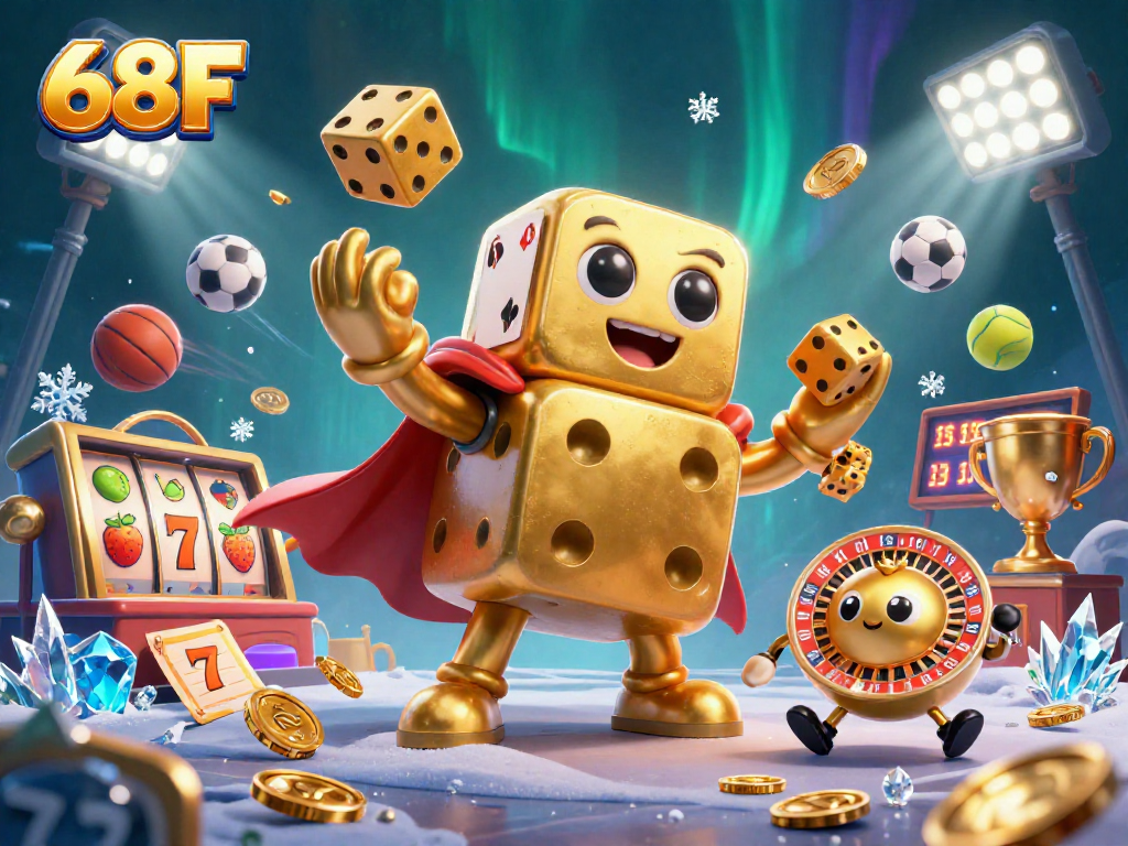 Visualize a cena emocionante de jogo com 68F, um golem de dados dourados em ação, cercado por elementos de caça-níqueis.