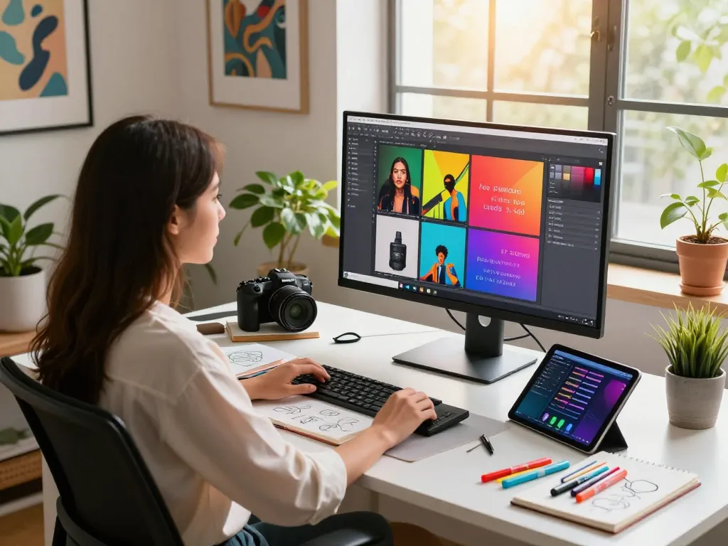 Artist generating prompts from images using AI tools in a vibrant workspace.