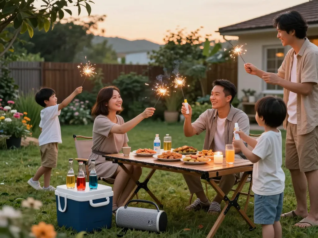 Family enjoying a summer evening while applying mosquito repellent outdoors.