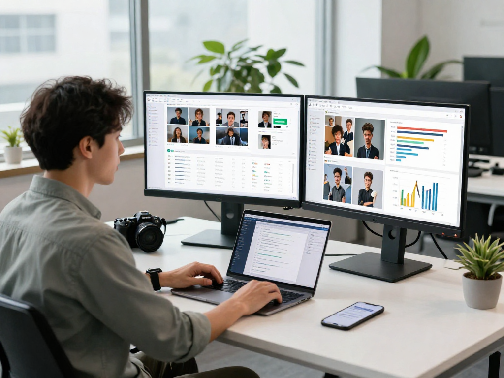 Data analyst evaluating flagged content using an ai image detector in a modern office.
