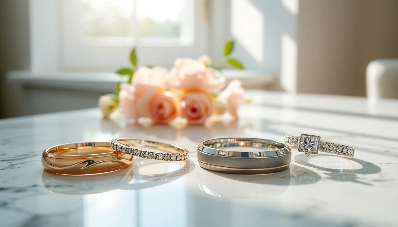 Showcase of stunning wedding bands in various styles on a marble surface.