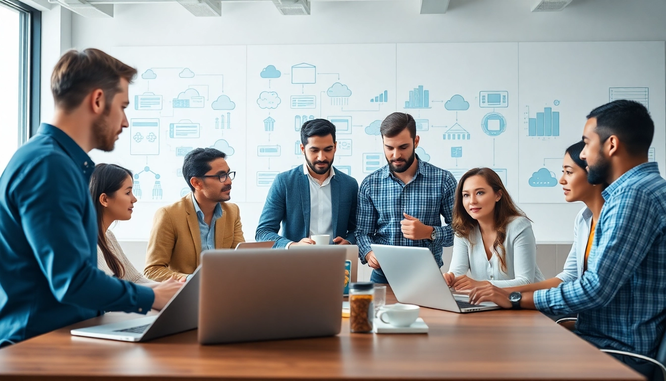 Team discussing cloud migration services in an energetic office setting with modern technology.